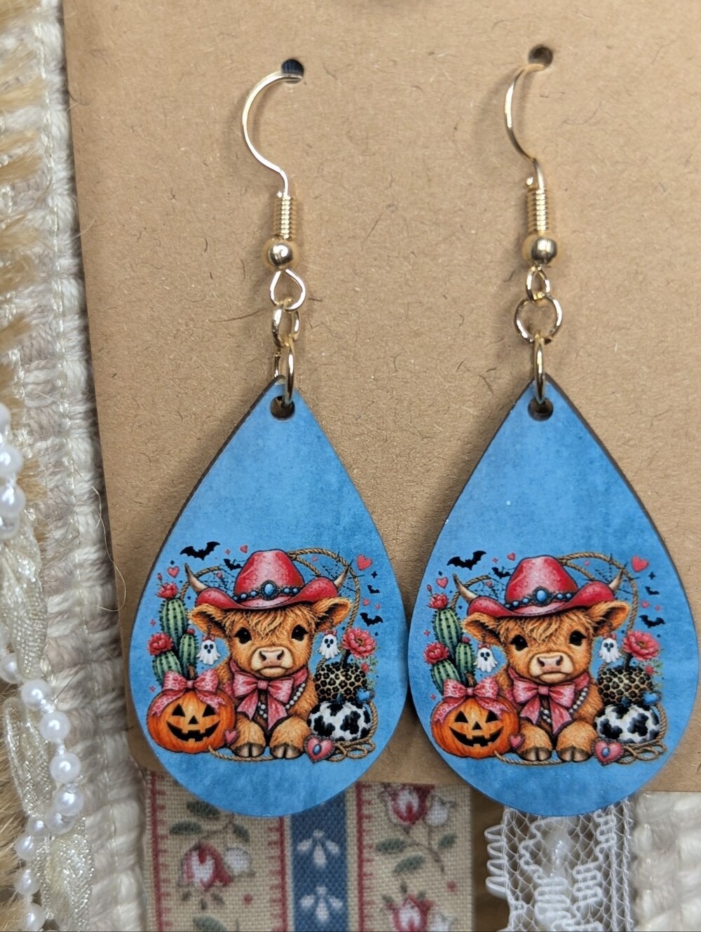 Highland Cow Country Halloween Teardrop Earrings